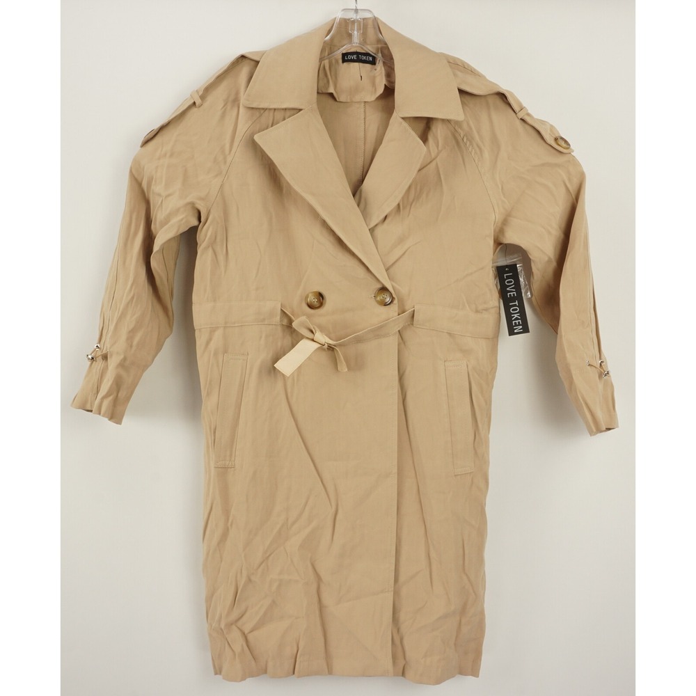 New Love Token Everson Women's XS Beige Herringbone Twill Suede Lite Trench Coat